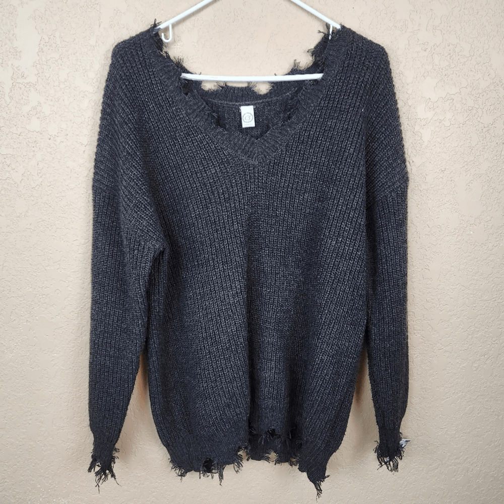 CY Fashions Black V Neck Sweater with Distressed Neckline and Hem Large (6944)